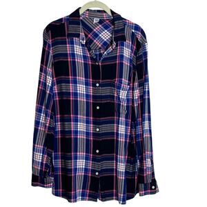 Old Navy Womens Lightweight Flannel Shirt L Blue Pink Gray Plaid Button Up
